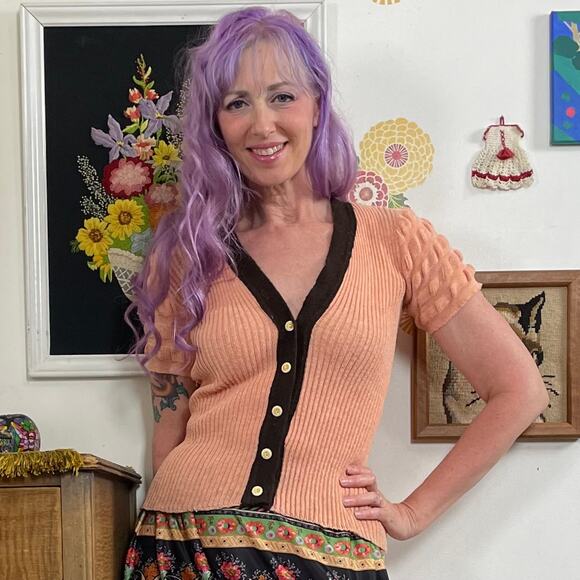 Vintage Puff Sleeve Cardigan, 1970s Peach & Brown Short Sleeve Sweater, Sz S - Picture 1 of 10